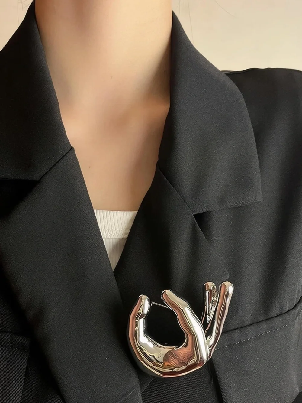 Modern Silver Hand Brooch | Abstract Statement Pin | Artistic Lapel Brooc